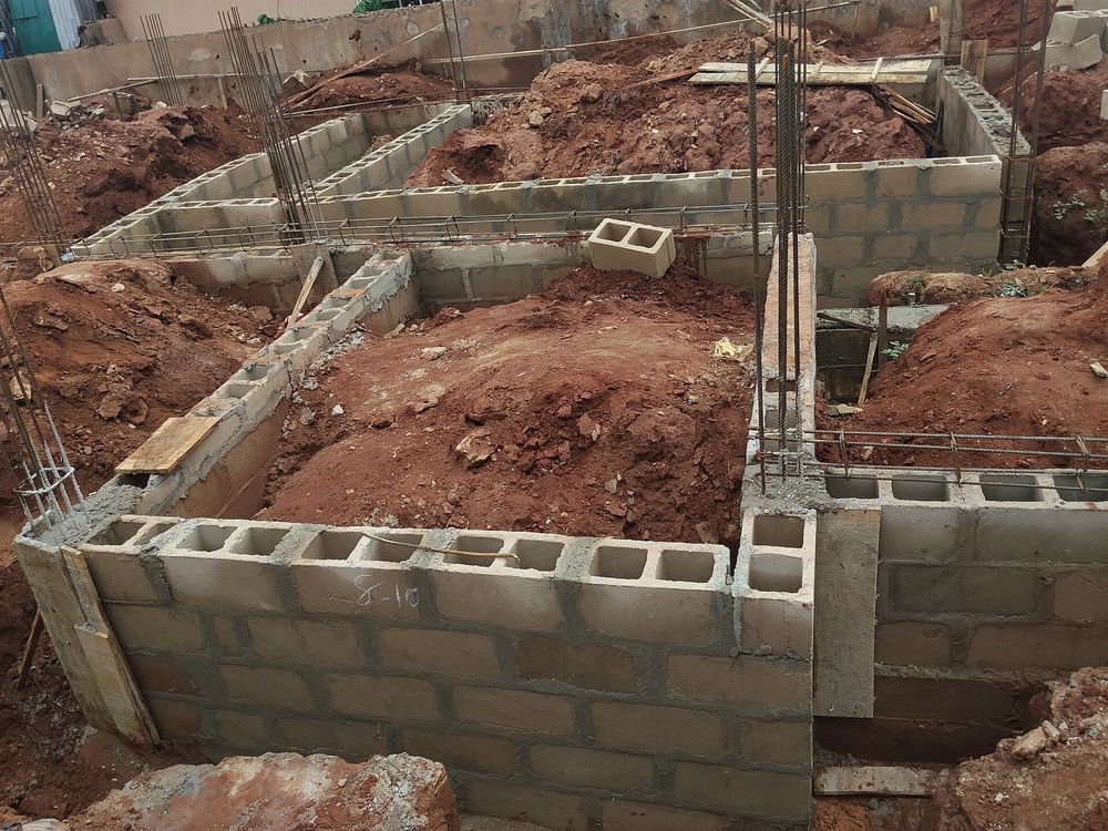 Block foundation walls set out on a new residential site
